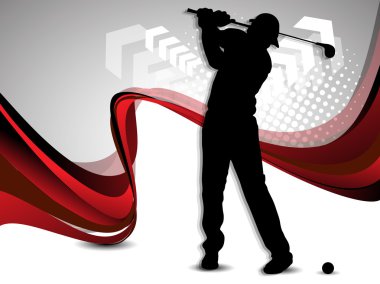 Tee Shot, silthouette of a golfer on creative wave, arrow and do clipart