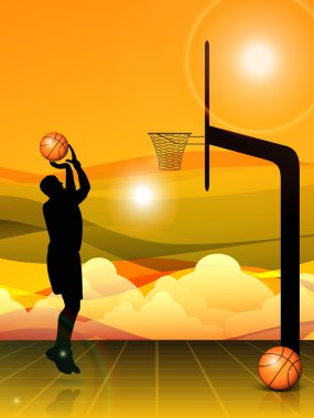 Vector silhouette of basketball player and basket pillar clipart