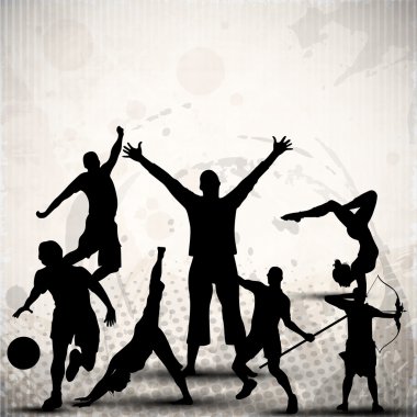 Silhouette of sports persons or athletes on abstract grungy grey background. EPS 10.
