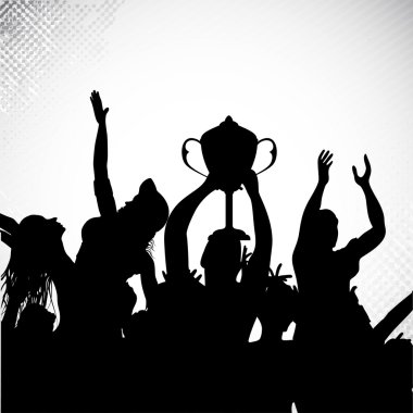 Silhouettes of winners team players with trophy and celebrating sports or business victory. EPS 10.