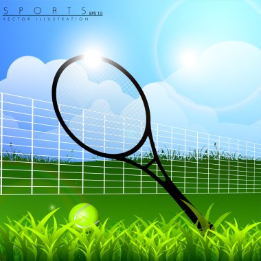 Tennis racket and ball with net on nature background. EPS 10. clipart