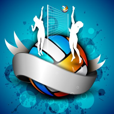 Colorful volleyball with shiny silver ribbon with girl players, clipart