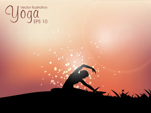 Vrouwelijke silhouet in yoga houding op avond achtergrond. EPS 10. — Stockvector