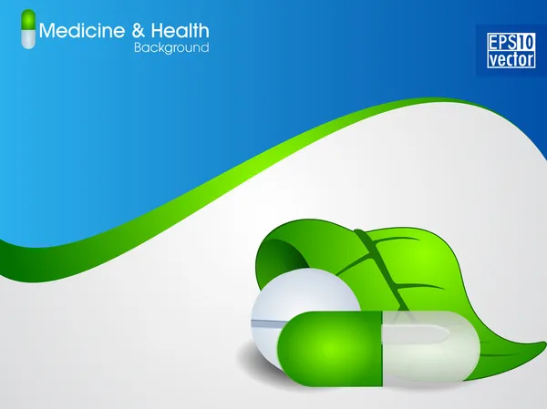 Natuurlijke medische pillen of capsule met groene bladeren op Golf achtergrond. EPS 10. — Stockvector
