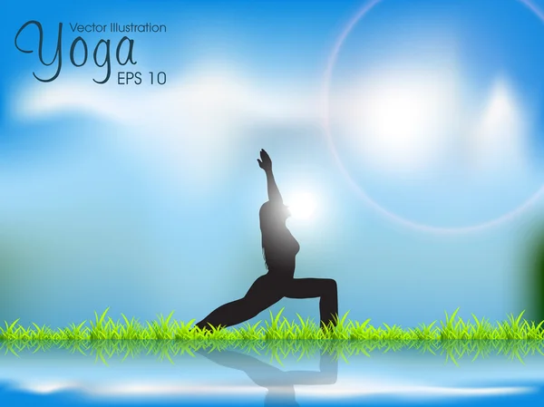 Vrouwelijke silhouet in yoga houding in aard achtergrond. EPS 10. — Stockvector