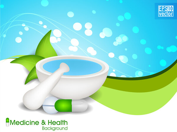 Vector medical health background with mortar and pestle with cap