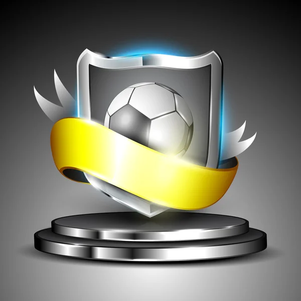Winning soccer football shield on stage with yellow ribbon with silver metallic effect, grey background. EPS 10. — Stock Vector