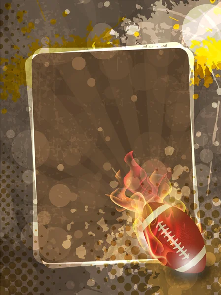 American Football Ball in fire auf grungy braunem Hintergrund mit Textfläche. Folge 10. — Stockvektor