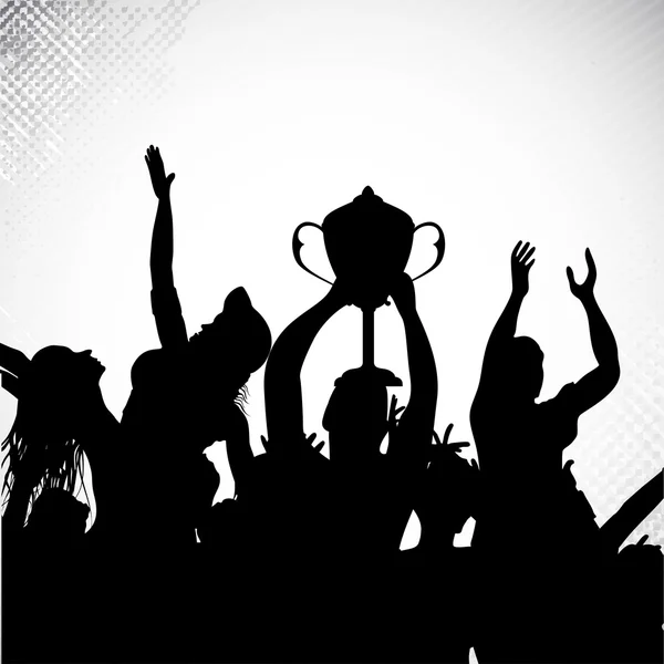 Sylwetki zwycięzców drużyny graczy z trofeum i świętuje zwycięstwo sportowe lub firmy. EPS 10. — Wektor stockowy