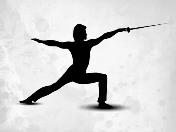 Silhouette of fencing athlete practicing on abstract grungy grey background. EPS 10. — Stock Vector