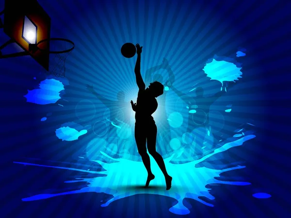 Silueta de un jugador de baloncesto en la cancha con pelota de baloncesto tratando de gol en los rayos grumosos fondo y animando a la gente silueta. EPS 10 — Vector de stock