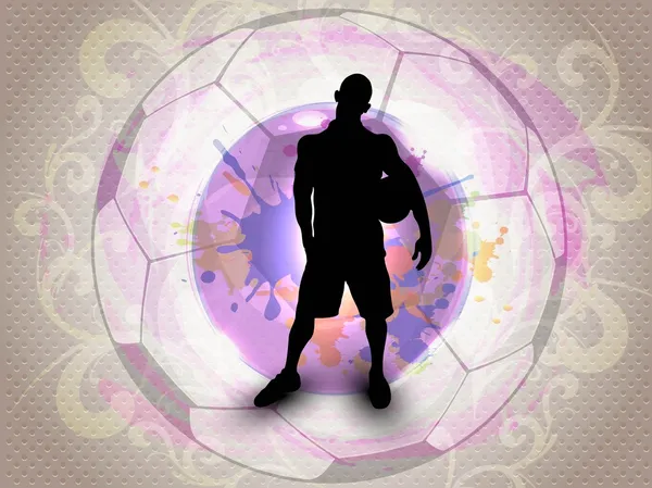 Silhouette eines Fußballspielers mit Fußball auf schönem, floralem und farbig glänzendem Fußball-Hintergrund. Folge 10. — Stockvektor