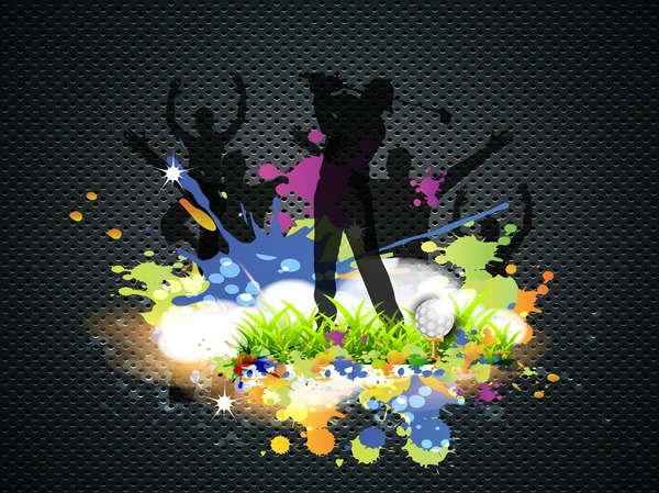 Silhouet van een golfer in tee shot actie op mooie creatieve kleurrijke achtergrond met glanzende bal en juichende publiek silhouet. EPS 10 — Stockvector