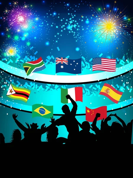 Åbning ceremoni af sportsbegivenheder med at nyde publikum og vinke flag i forskellige lande på skinnende nat baggrund. EPS 10 . – Stock-vektor