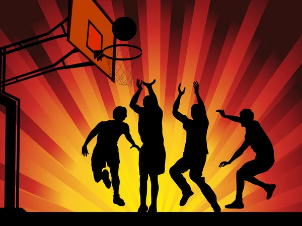 Silhouette illustrazione vettoriale di giocatori di basket su sfondo astratto onda brillante. EPS10 — Vettoriale Stock