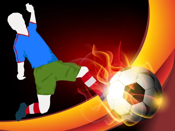 Illustration eines Fußballspielers in Aktion, Fußball mit Flamme auf glänzendem Wellenhintergrund. Folge 10 — Stockvektor