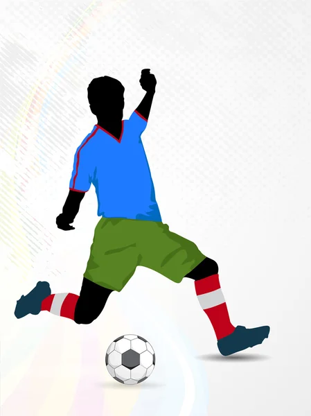 Illustrazione di un giocatore di calcio in azione con pallone da calcio su sfondo burbero. EPS 10 . — Vettoriale Stock