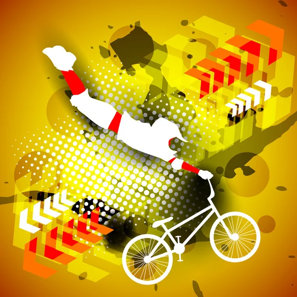 Велогонщик BMX практикуется на блестящем творческом грандиозном абстрактном фоне. S10 . — стоковый вектор