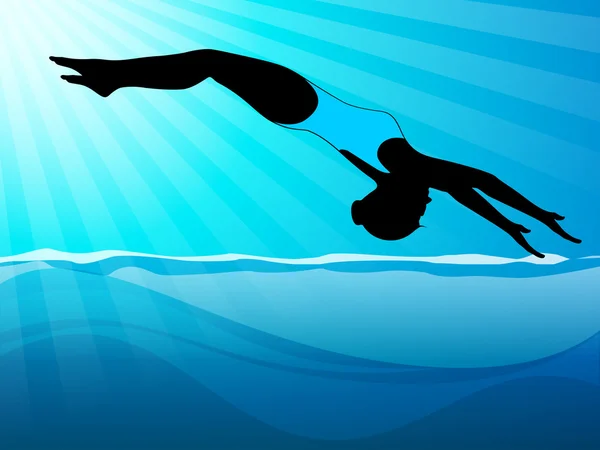 Dziewczyna pływak próbuje postawić piwo z wódką podczas nurkowania w basenie na tle pięknej wody. EPS 10. — Wektor stockowy