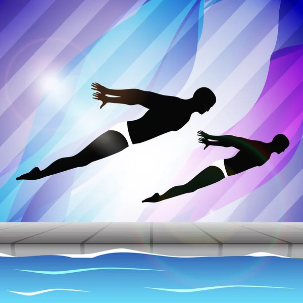 Δύο νεαρός κολυμβητής συγχρονισμός σε πισίνα σε φόντο ωραία πολύχρωμα νερά. EPS 10. — Διανυσματικό Αρχείο