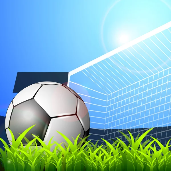 Ilustração de um estádio de futebol com bola de futebol brilhante e poste de gol no fundo da natureza. EPS 10 . — Vetor de Stock