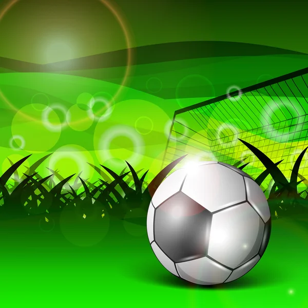 Ilustração de um estádio de futebol com bola de futebol brilhante e poste de gol no fundo da natureza. EPS 10 . — Vetor de Stock