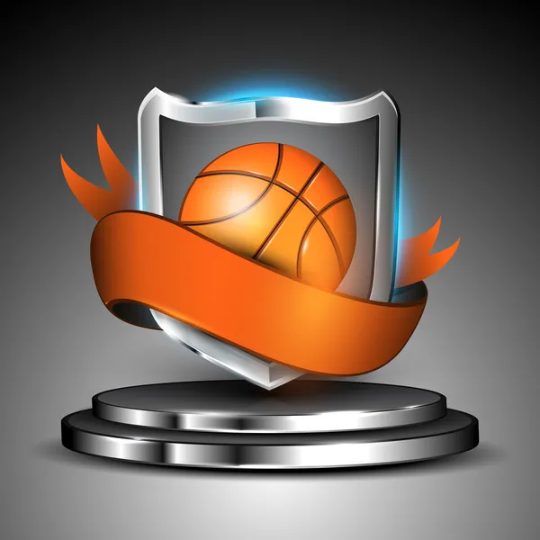 Metallisch glänzender Siegerschild des Basketballs mit orangefarbenem Band auf glänzender Bühne. Folge 10. — Stockvektor