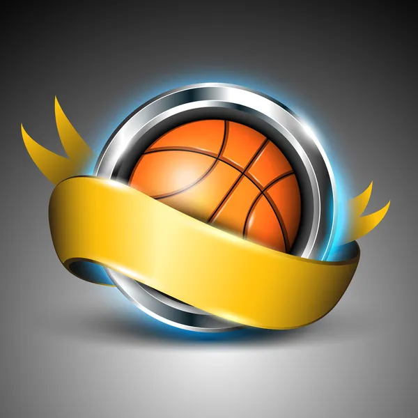 Cerchio in acciaio lucido con pallone da basket e nastro giallo isolato su fondo grigio. EPS 10 . — Vettoriale Stock