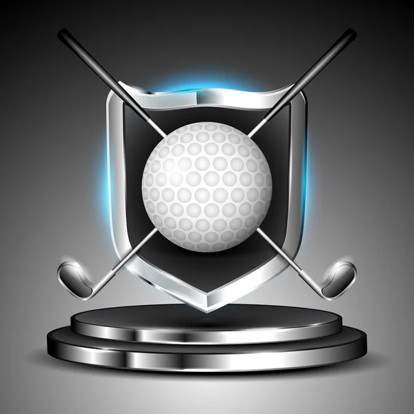 Metallisch glänzendes Siegerschild des Golfballs mit Stöcken auf glänzender Bühne. Folge 10. — Stockvektor