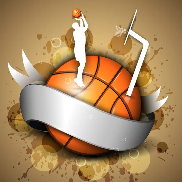 Icône ou élément de basket-ball avec un ruban brillant, silhouette d'un joueur pratiquant — Image vectorielle
