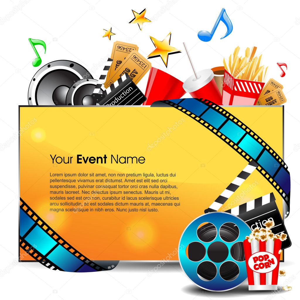 Illustration of film stripe with entertainment object s and banner for your text on grey background. EPS 10