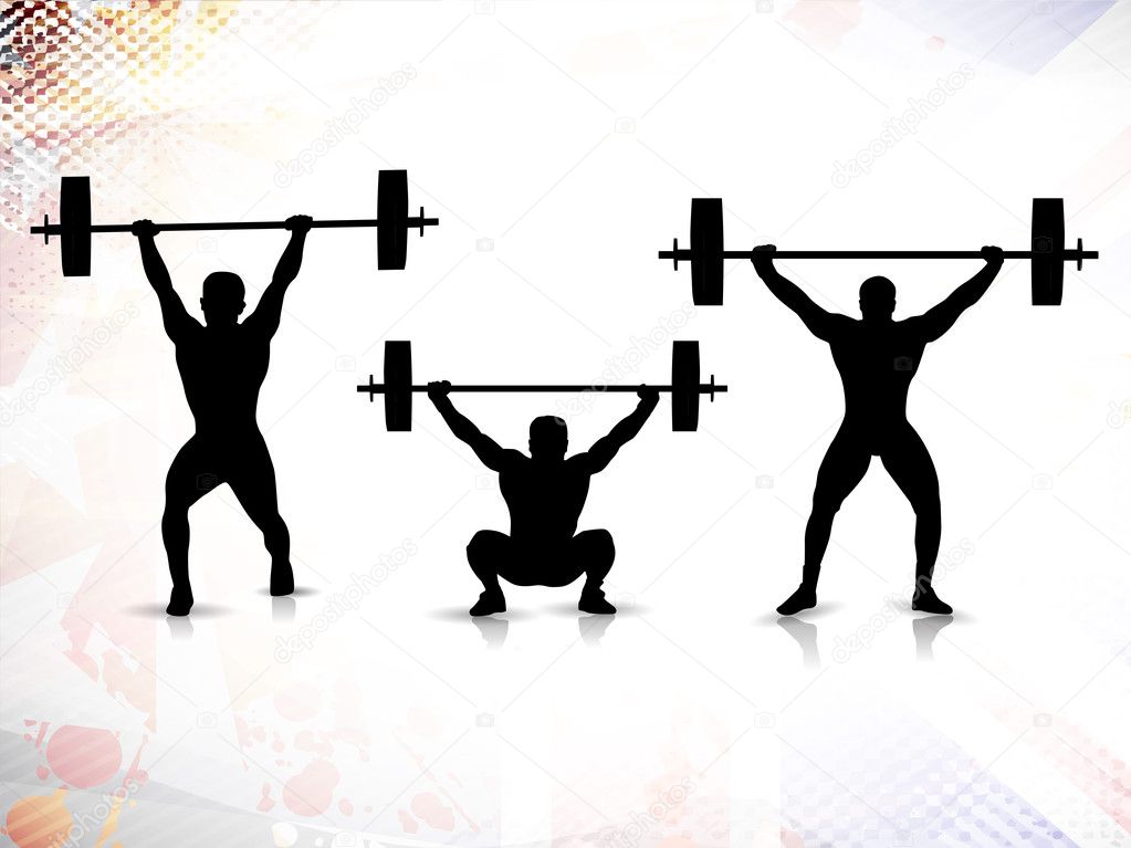Sequence of weight lifting, silhouette of a weight lifter on grungy colorful background. EPS 10