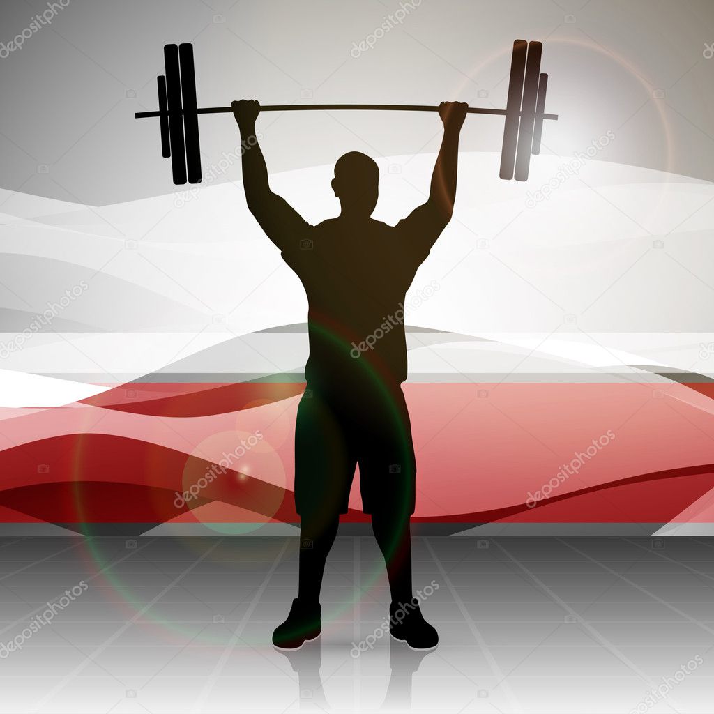 Vector illustration weight lifter with heavy weight and abstract background. EPS 10.