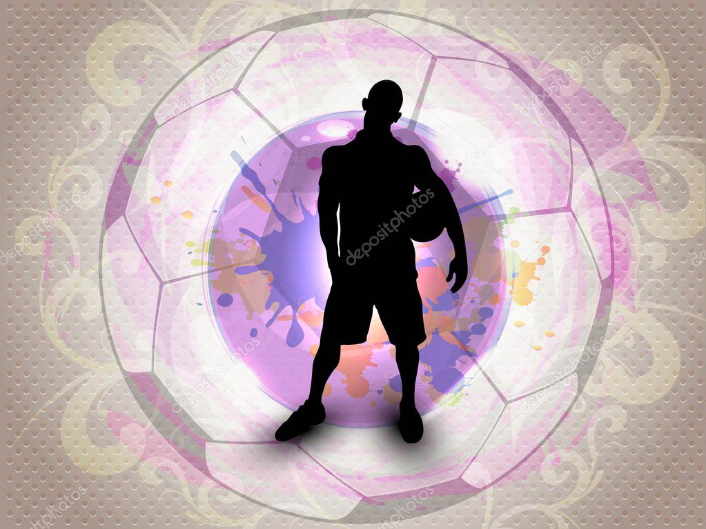 Silhouette of a soccer football player with football on beautiful creative floral and colorful shiny soccer ball background. EPS 10.