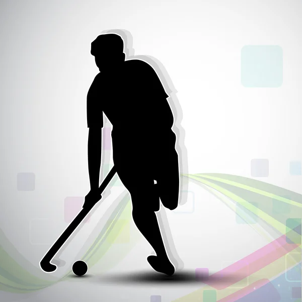 Silhouette of a hockey player with hockey stick and ball on colorful abstract wave background. EPS 10. — Stock Vector