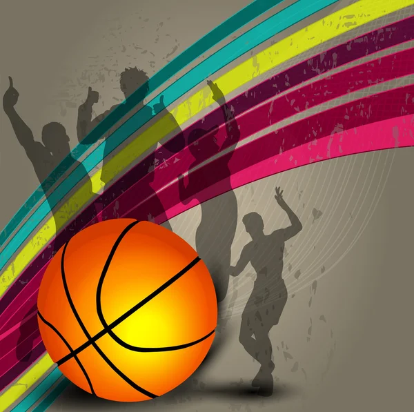 Silhouette of a basketball player and basketball on grungy colorful wave background — Stock Vector