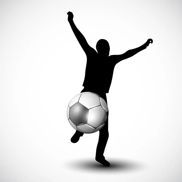 Sylwetka zawodnika piłki nożnej z błyszczący piłka na białym tle na szarym tle. EPS 10. — Wektor stockowy