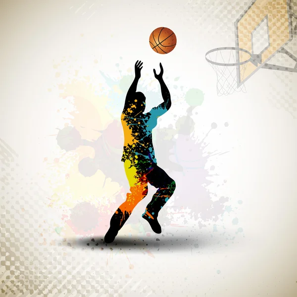 Illustration of a basketball player practicing with ball at cour — Stock Vector