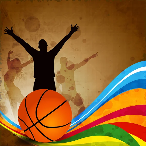 Silhouette of a basketball player and basketball on grungy colorful wave background with happy audience silhouette. EPS 10. — Stock Vector