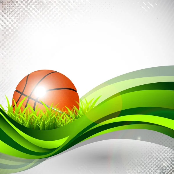 Shiny basketball in green grass on green wave and grungy grey ab — Stock Vector