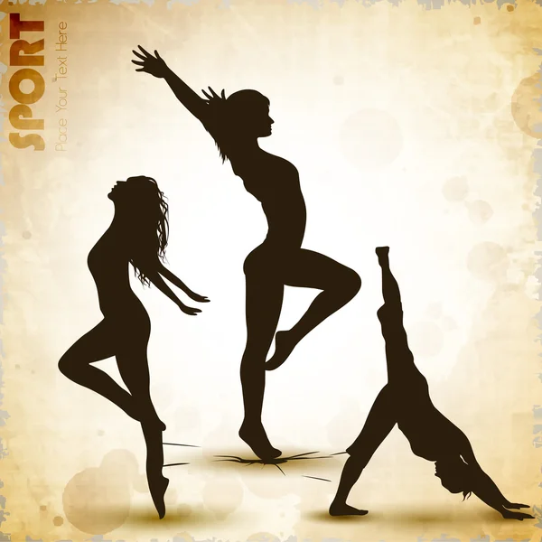 Ілюстрація ритмічних гімнастичних дівчат на шорсткій абстрактній спині — стоковий вектор