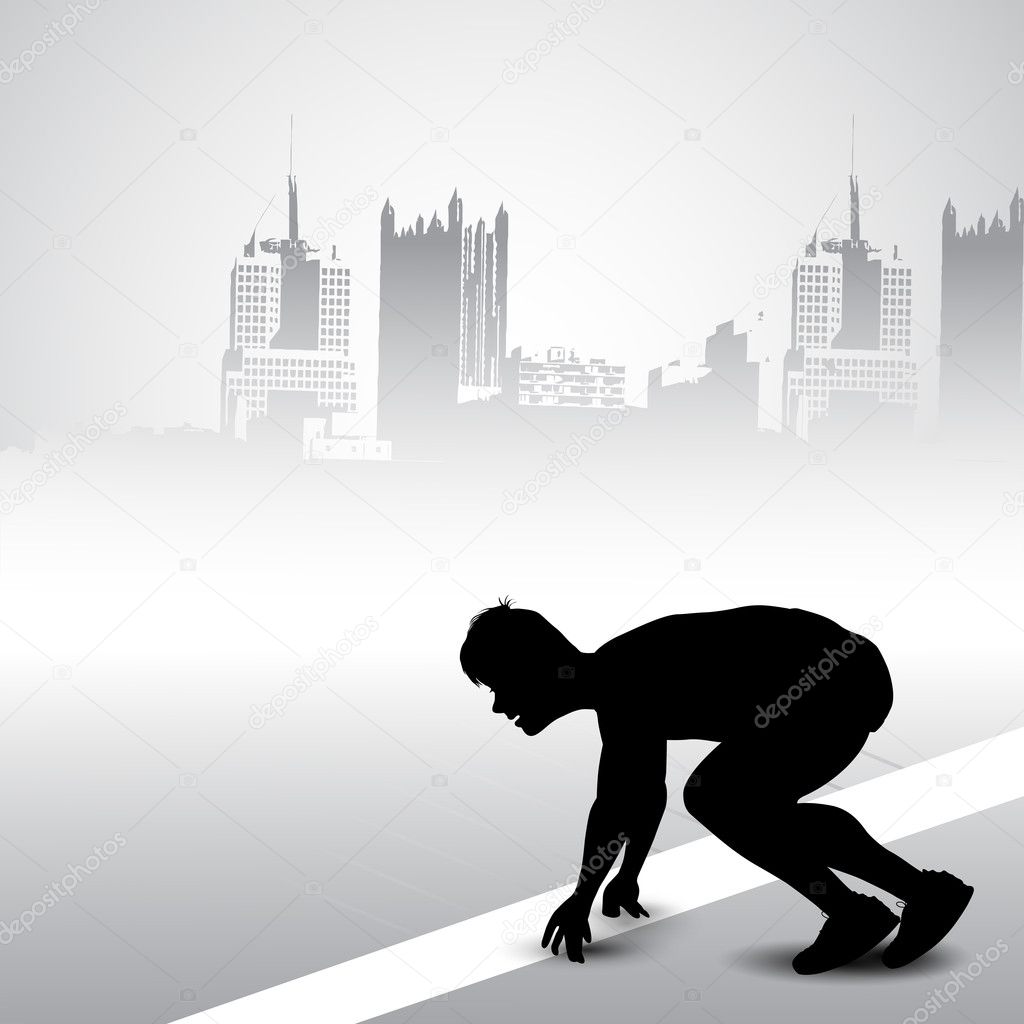 Silhouette of a confident athlete getting ready for race against grungy urban city background. EPS 10.