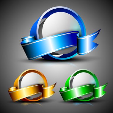 Abstract 3D glossy icon sets in blue, green and yellow color with ribbons, isolated on grey with text space.EPS 10. can be use as icons, element, banner or background.