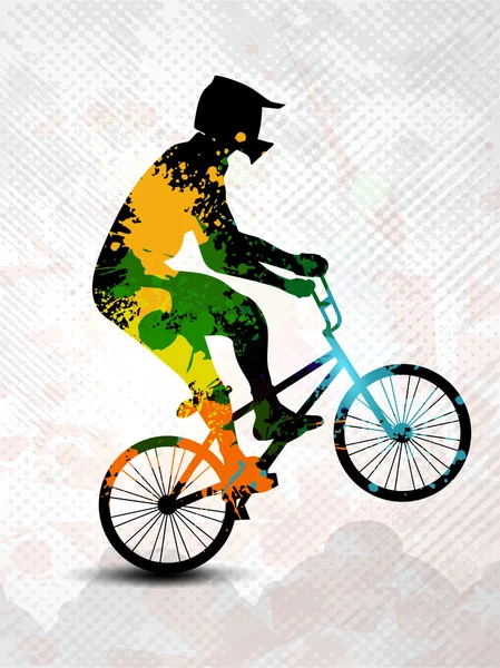 Silueta de ciclista BMX con manchas de colores y salpicaduras sobre fondo grunge gris. EPS 10 . — Vector de stock