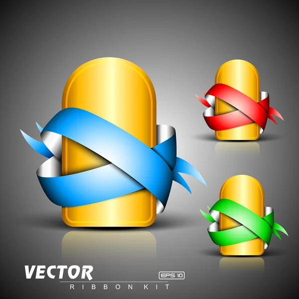 Abstrait 3D jeux d'icônes dorées brillantes avec des rubans bleus, verts ou rouges, isolés sur gris avec espace de texte.EPS 10. peut être utilisé comme icônes, élément, bannière ou arrière-plan . — Image vectorielle