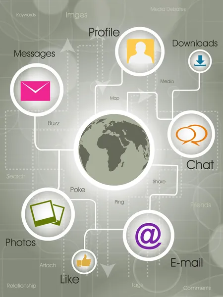 Sociale media globe, de ontwikkeling van wereldwijde communicatie. EP — Stockvector