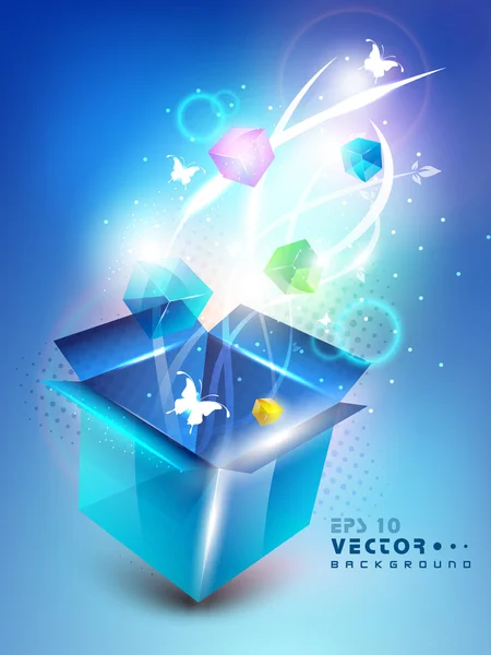 3d blau geöffnete box mit voller glanz kleine geschenkschachtel und schmetterlinge, abstrakter hintergrund. Folge 10. — Stockvektor