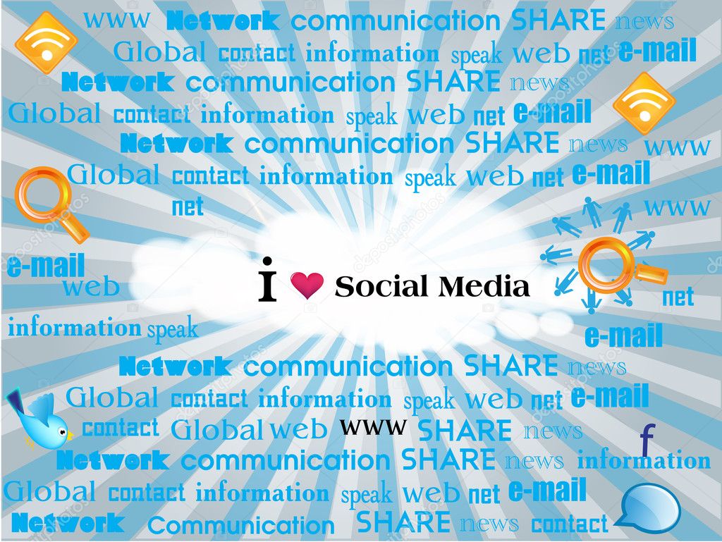 Social networking theme displaying various words connected to social media.