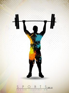 Silhouette of a weight lifter with heavy weight on abstract red clipart