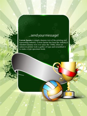 Volley Ball Banner With the Golden Trophy and Ball on a green ba clipart